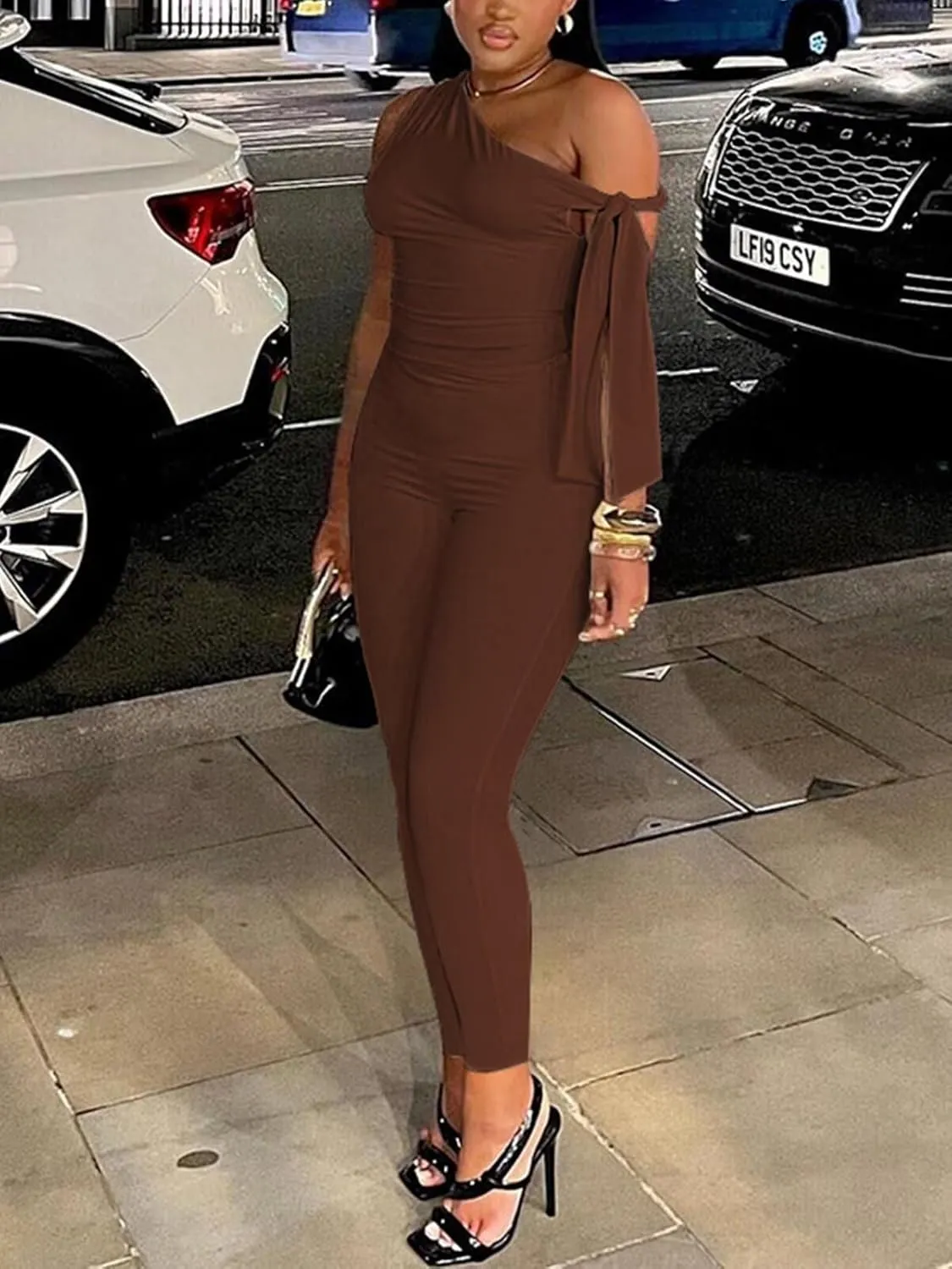 Women's Sexy One Off Shoulder Jumpsuits Sleeveless Bodycon Rompers One Piece Outfits