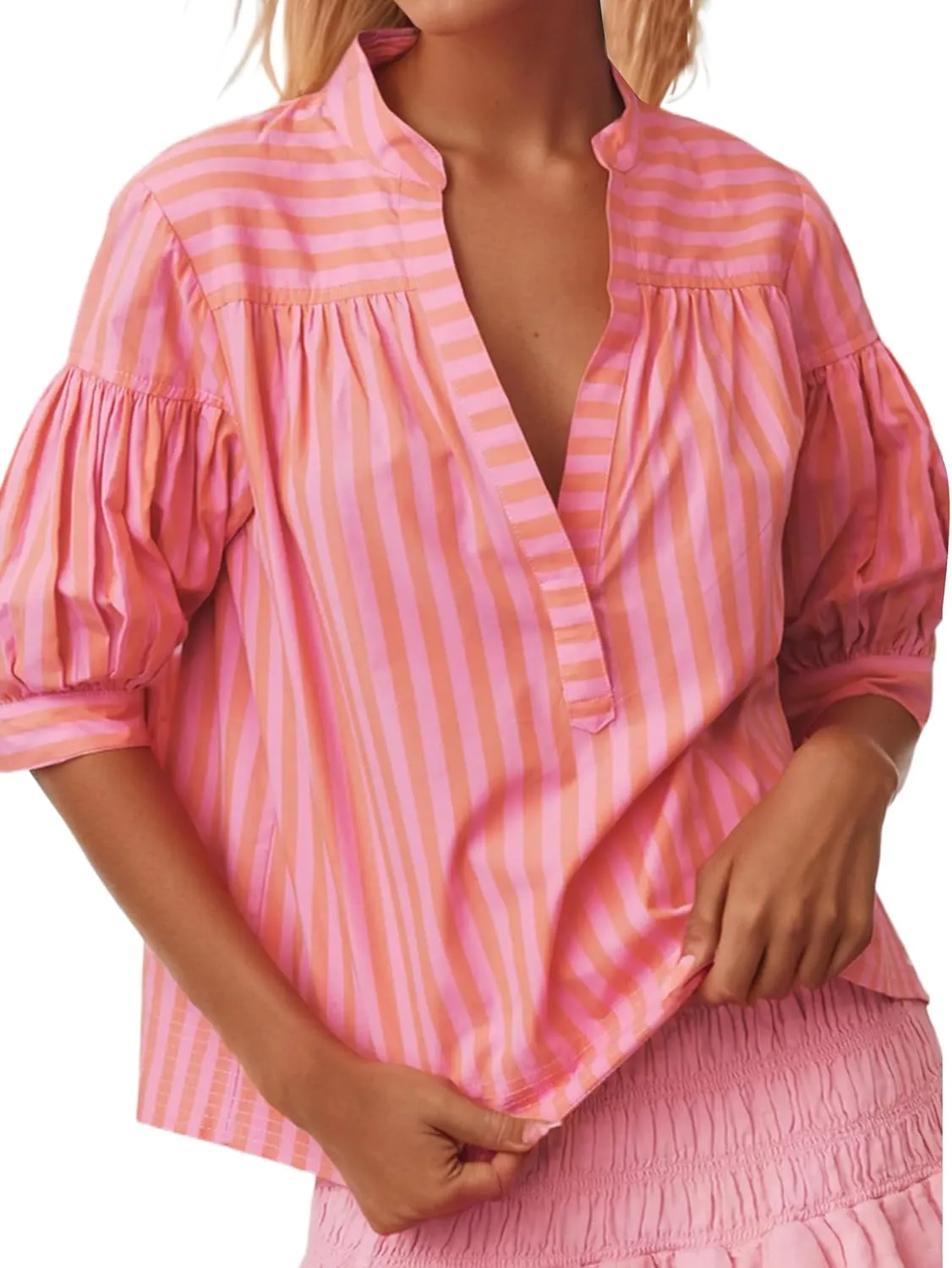 Womens Short Puff Sleeve Striped Blouses Top V Neck Loose Fit Casual Summer Work Blouses Striped Shirt