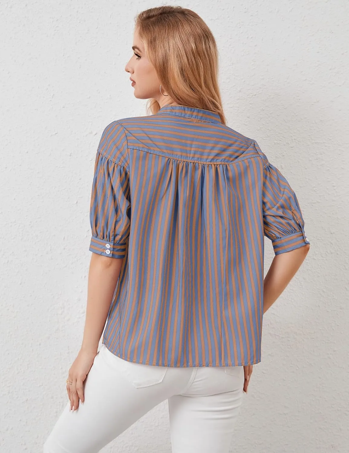 Womens Short Puff Sleeve Striped Blouses Top V Neck Loose Fit Casual Summer Work Blouses Striped Shirt