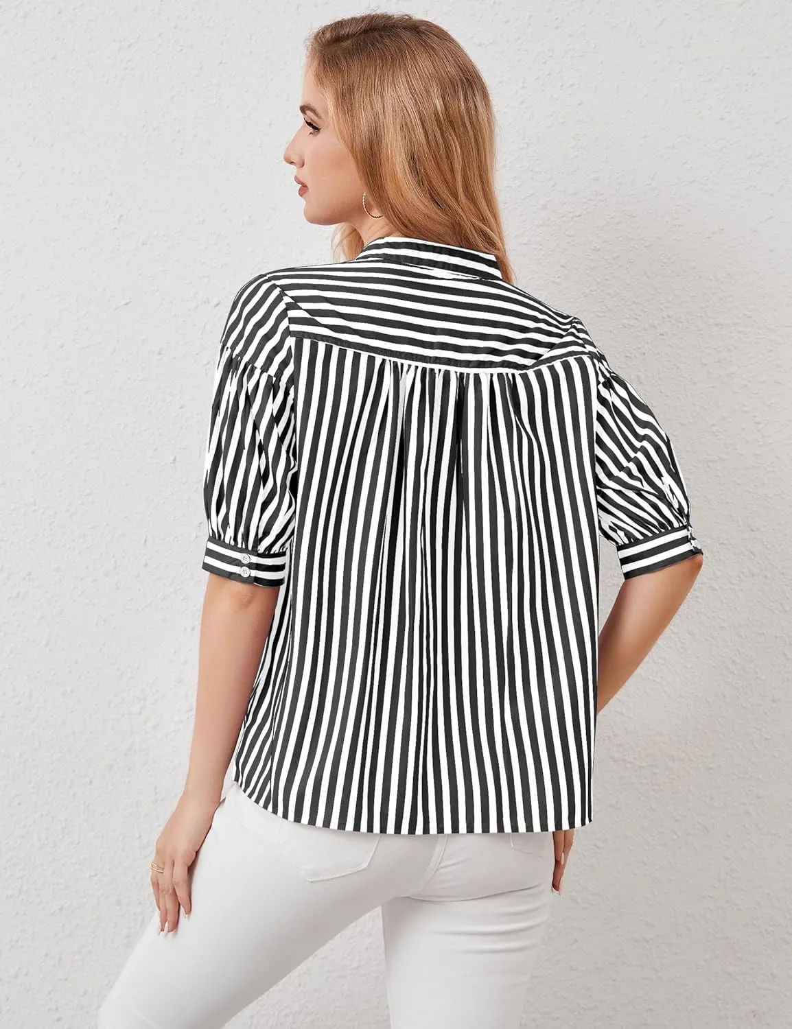 Womens Short Puff Sleeve Striped Blouses Top V Neck Loose Fit Casual Summer Work Blouses Striped Shirt