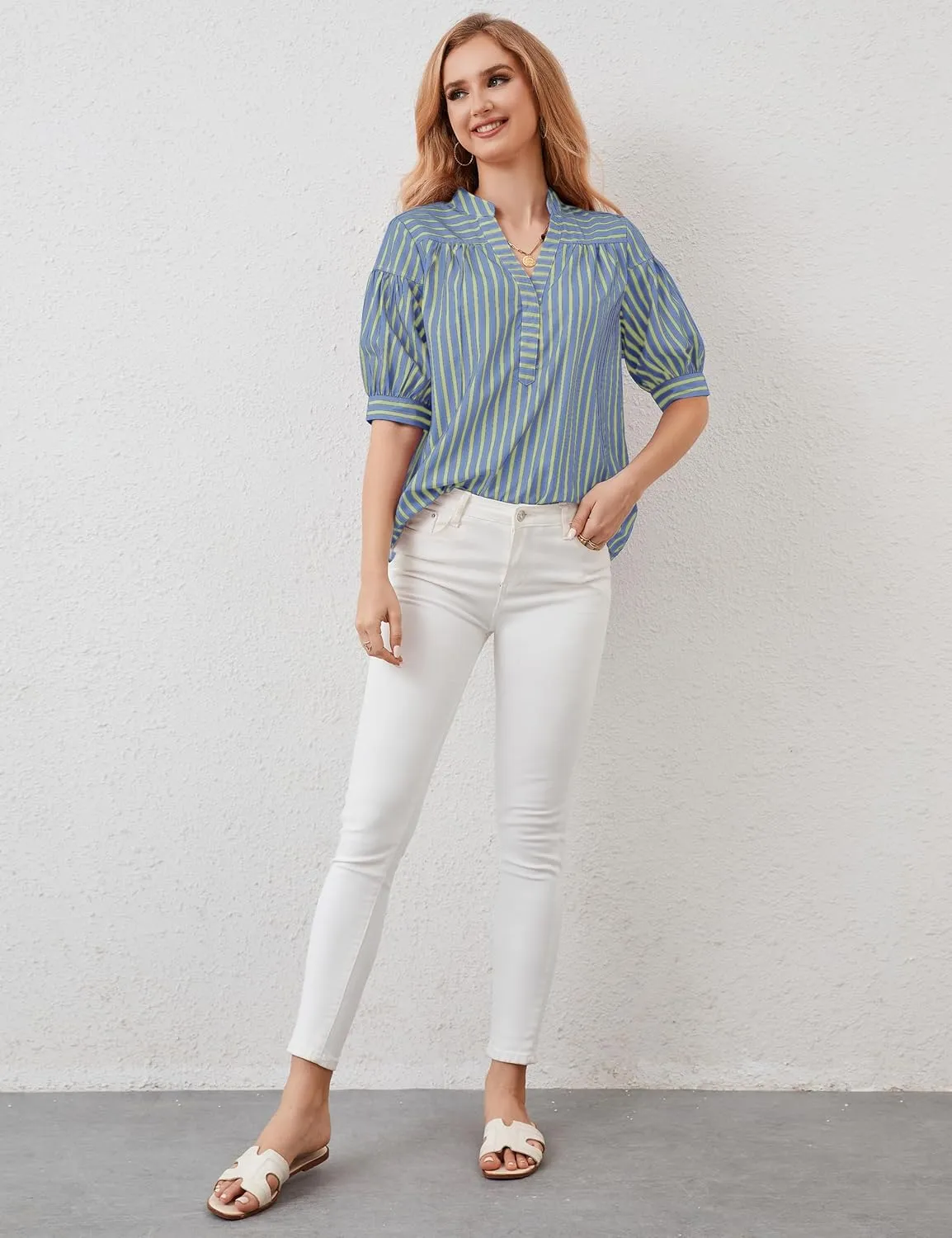 Womens Short Puff Sleeve Striped Blouses Top V Neck Loose Fit Casual Summer Work Blouses Striped Shirt