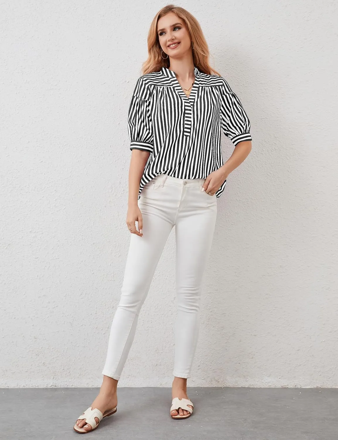 Womens Short Puff Sleeve Striped Blouses Top V Neck Loose Fit Casual Summer Work Blouses Striped Shirt