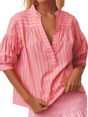 Womens Short Puff Sleeve Striped Blouses Top V Neck Loose Fit Casual Summer Work Blouses Striped Shirt