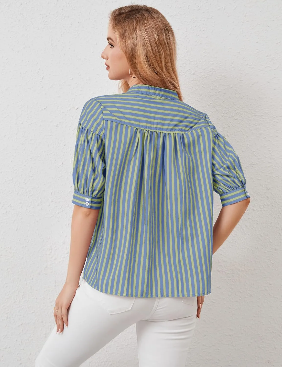 Womens Short Puff Sleeve Striped Blouses Top V Neck Loose Fit Casual Summer Work Blouses Striped Shirt