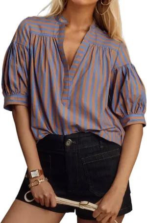 Womens Short Puff Sleeve Striped Blouses Top V Neck Loose Fit Casual Summer Work Blouses Striped Shirt