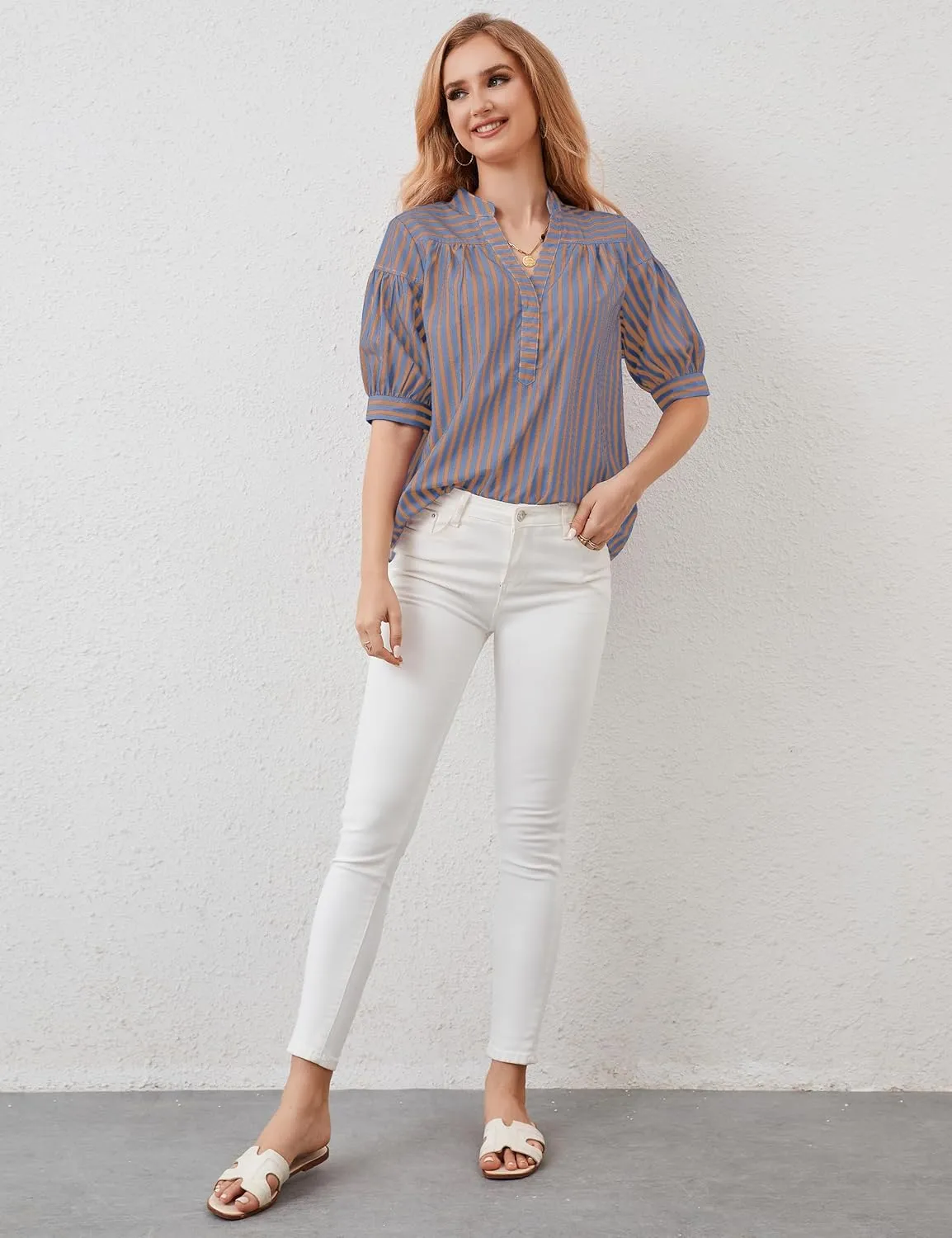Womens Short Puff Sleeve Striped Blouses Top V Neck Loose Fit Casual Summer Work Blouses Striped Shirt