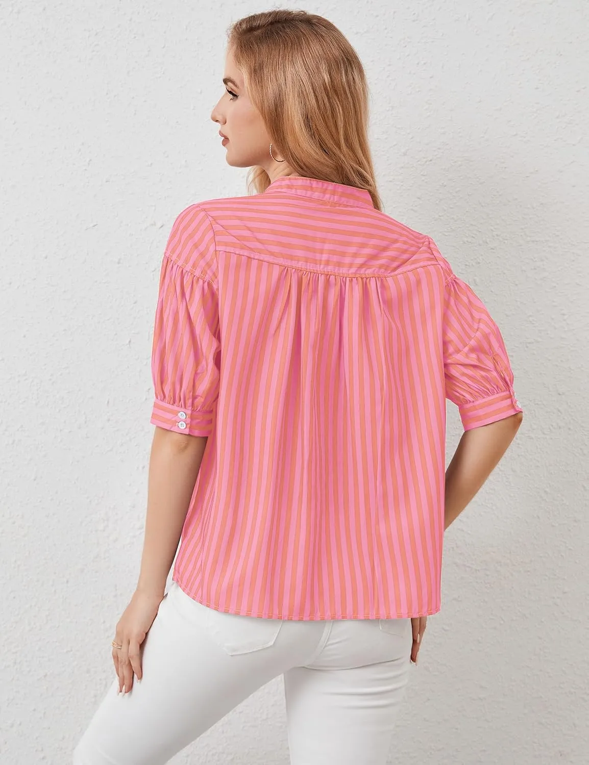Womens Short Puff Sleeve Striped Blouses Top V Neck Loose Fit Casual Summer Work Blouses Striped Shirt