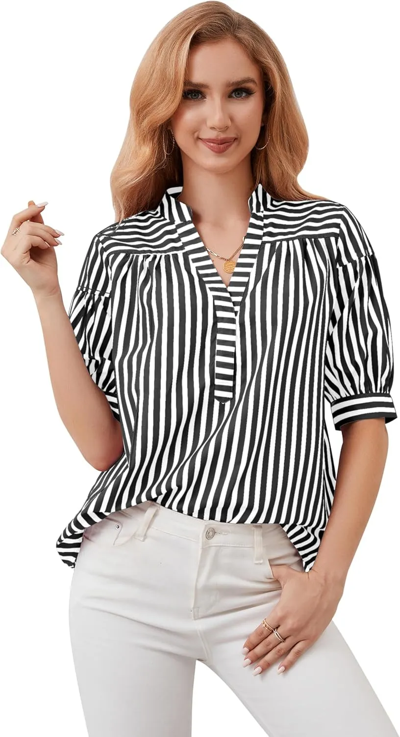 Womens Short Puff Sleeve Striped Blouses Top V Neck Loose Fit Casual Summer Work Blouses Striped Shirt