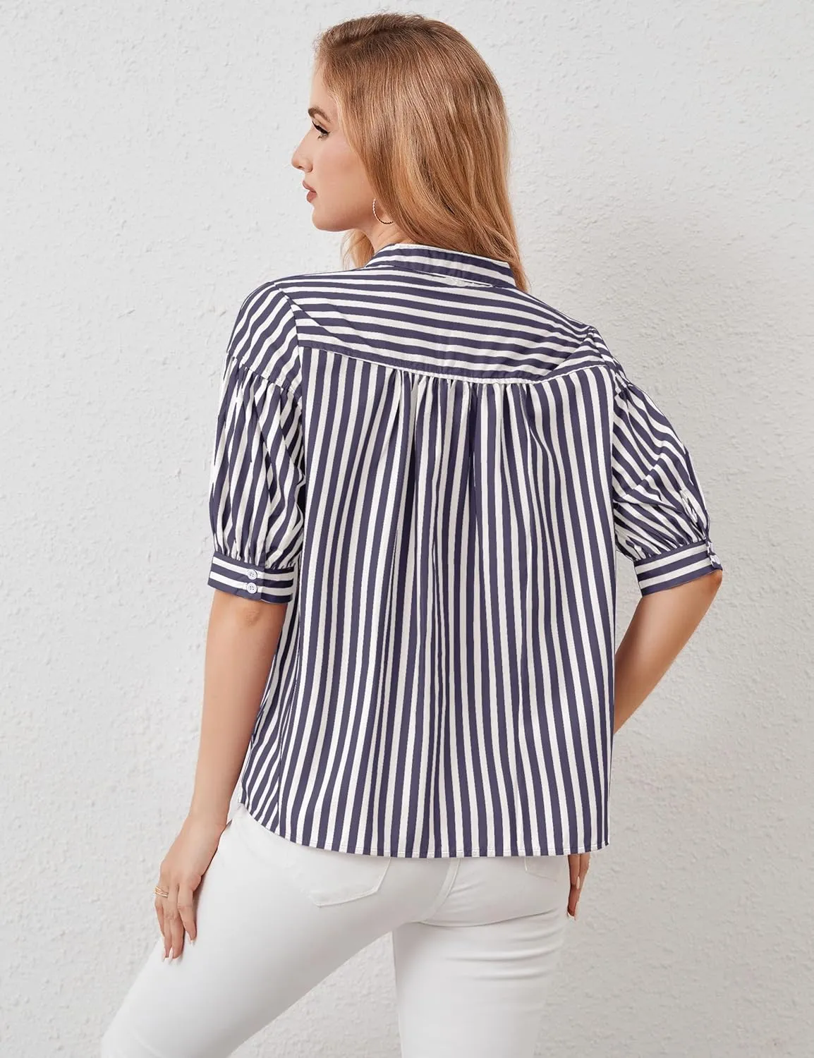 Womens Short Puff Sleeve Striped Blouses Top V Neck Loose Fit Casual Summer Work Blouses Striped Shirt