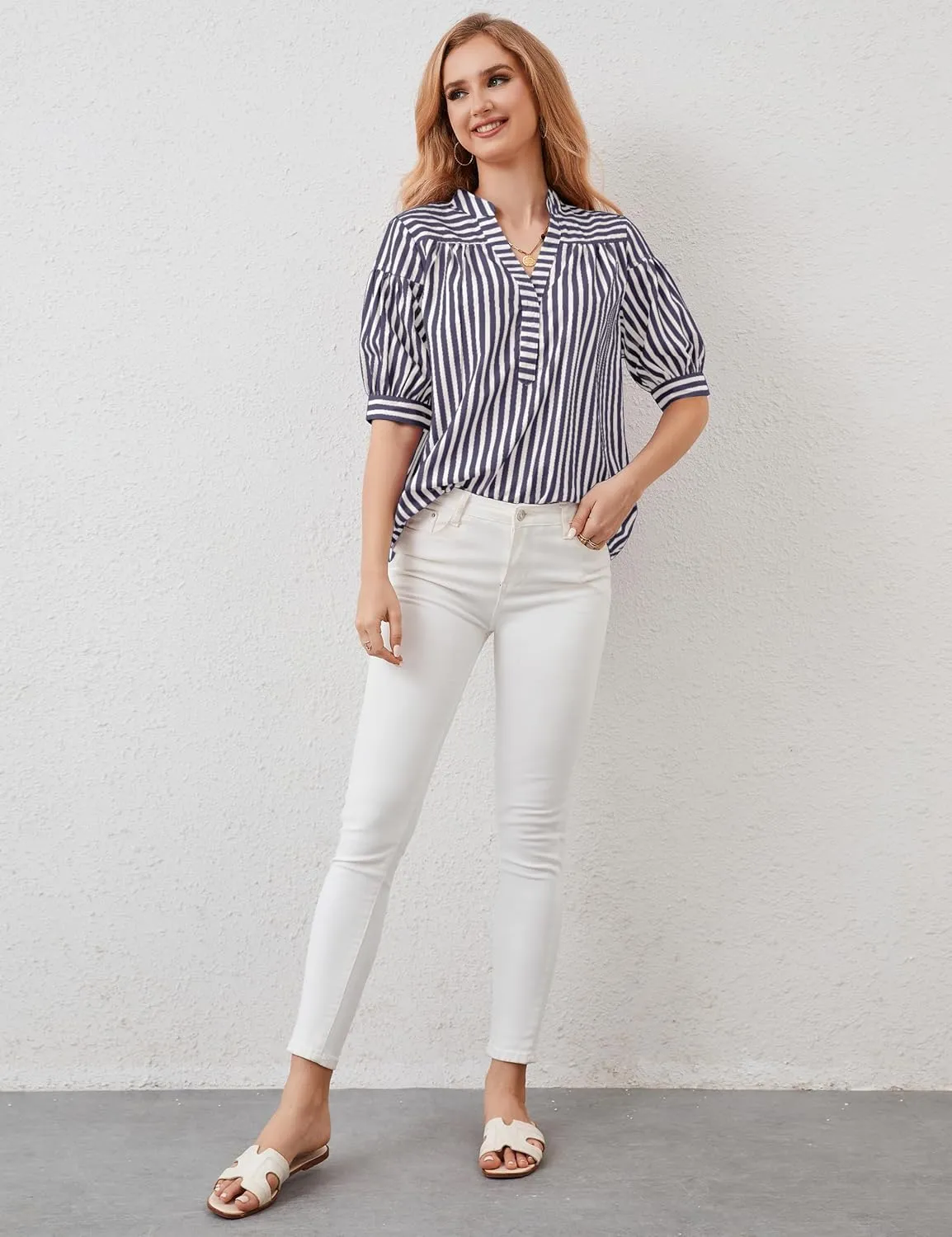 Womens Short Puff Sleeve Striped Blouses Top V Neck Loose Fit Casual Summer Work Blouses Striped Shirt