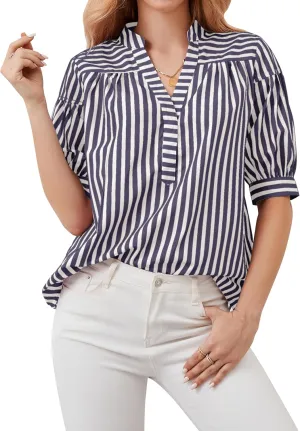 Womens Short Puff Sleeve Striped Blouses Top V Neck Loose Fit Casual Summer Work Blouses Striped Shirt
