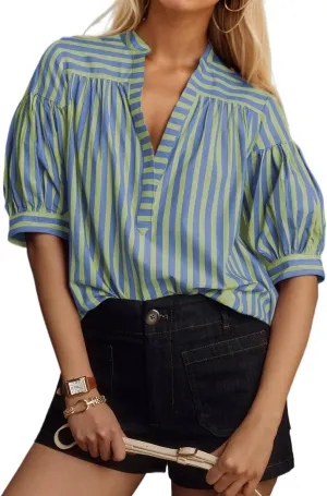 Womens Short Puff Sleeve Striped Blouses Top V Neck Loose Fit Casual Summer Work Blouses Striped Shirt