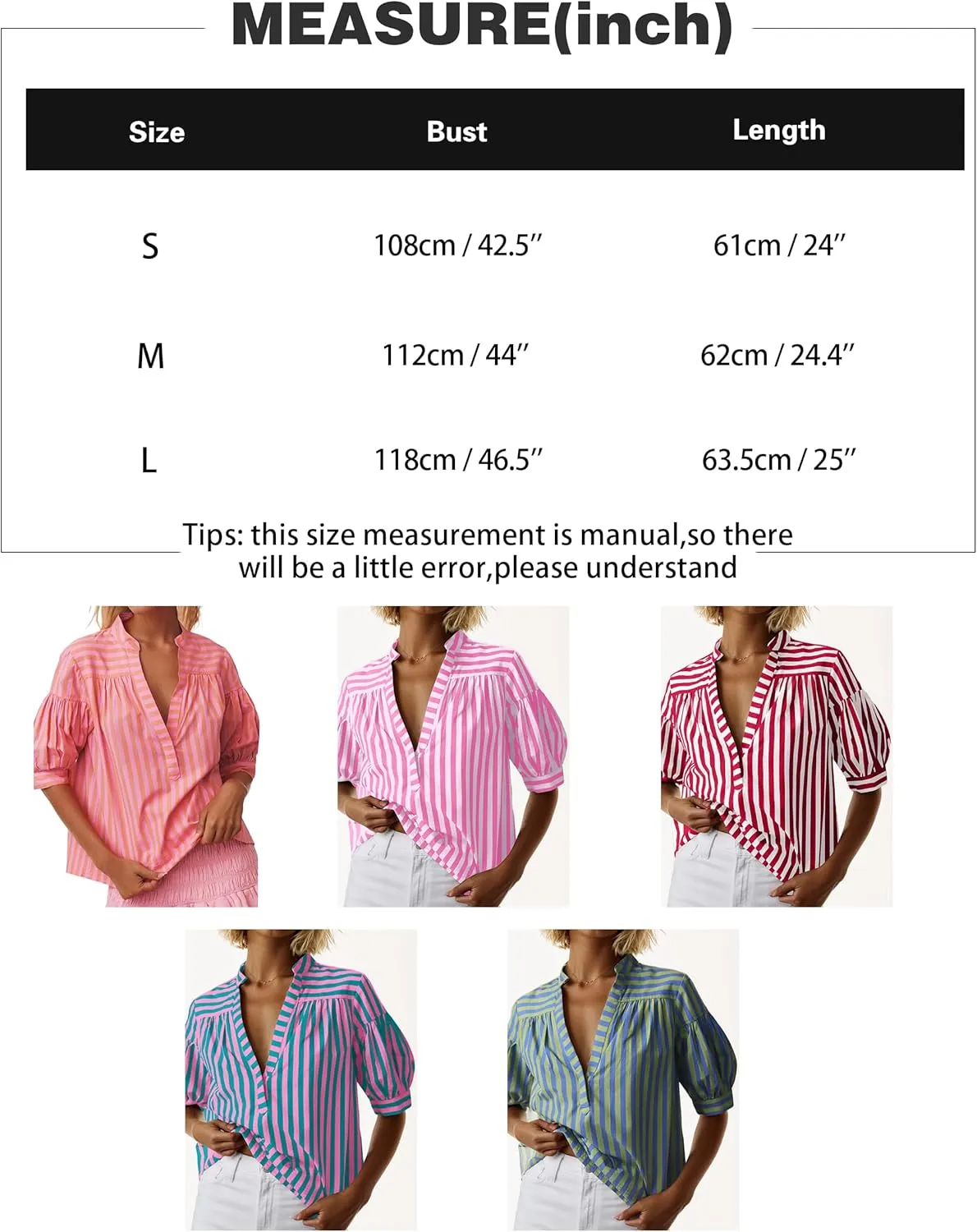 Womens Short Puff Sleeve Striped Blouses Top V Neck Loose Fit Casual Summer Work Blouses Striped Shirt
