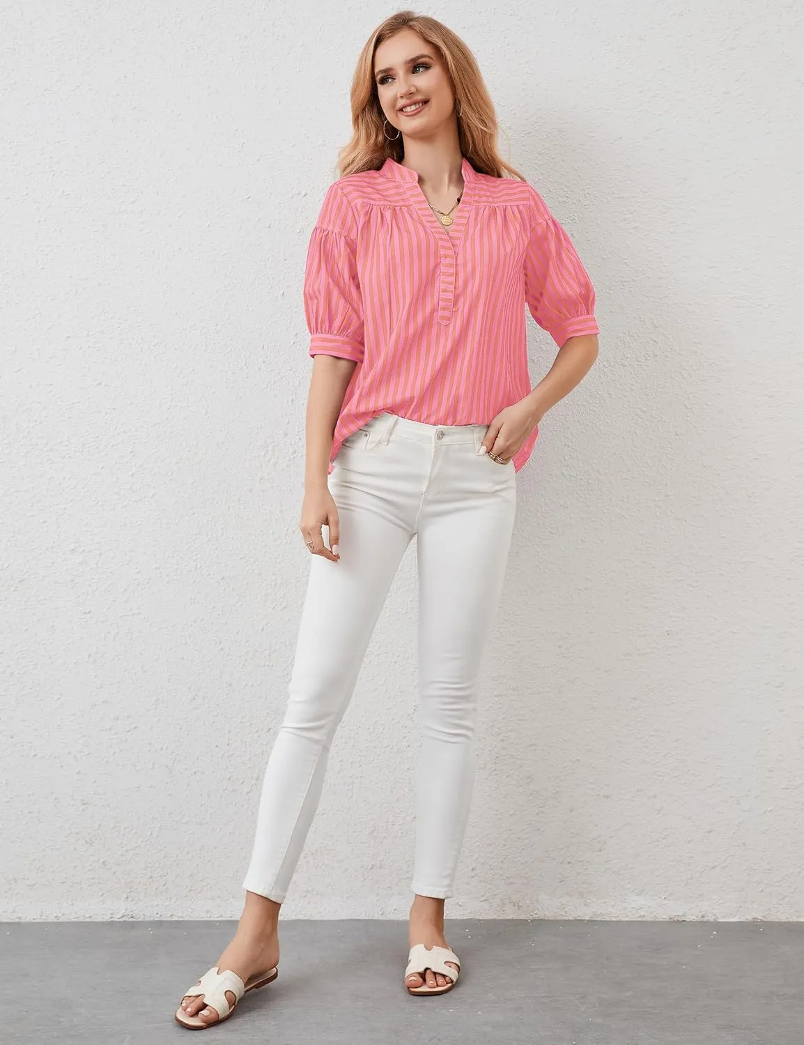 Womens Short Puff Sleeve Striped Blouses Top V Neck Loose Fit Casual Summer Work Blouses Striped Shirt