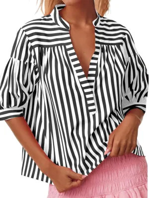 Womens Short Puff Sleeve Striped Blouses Top V Neck Loose Fit Casual Summer Work Blouses Striped Shirt