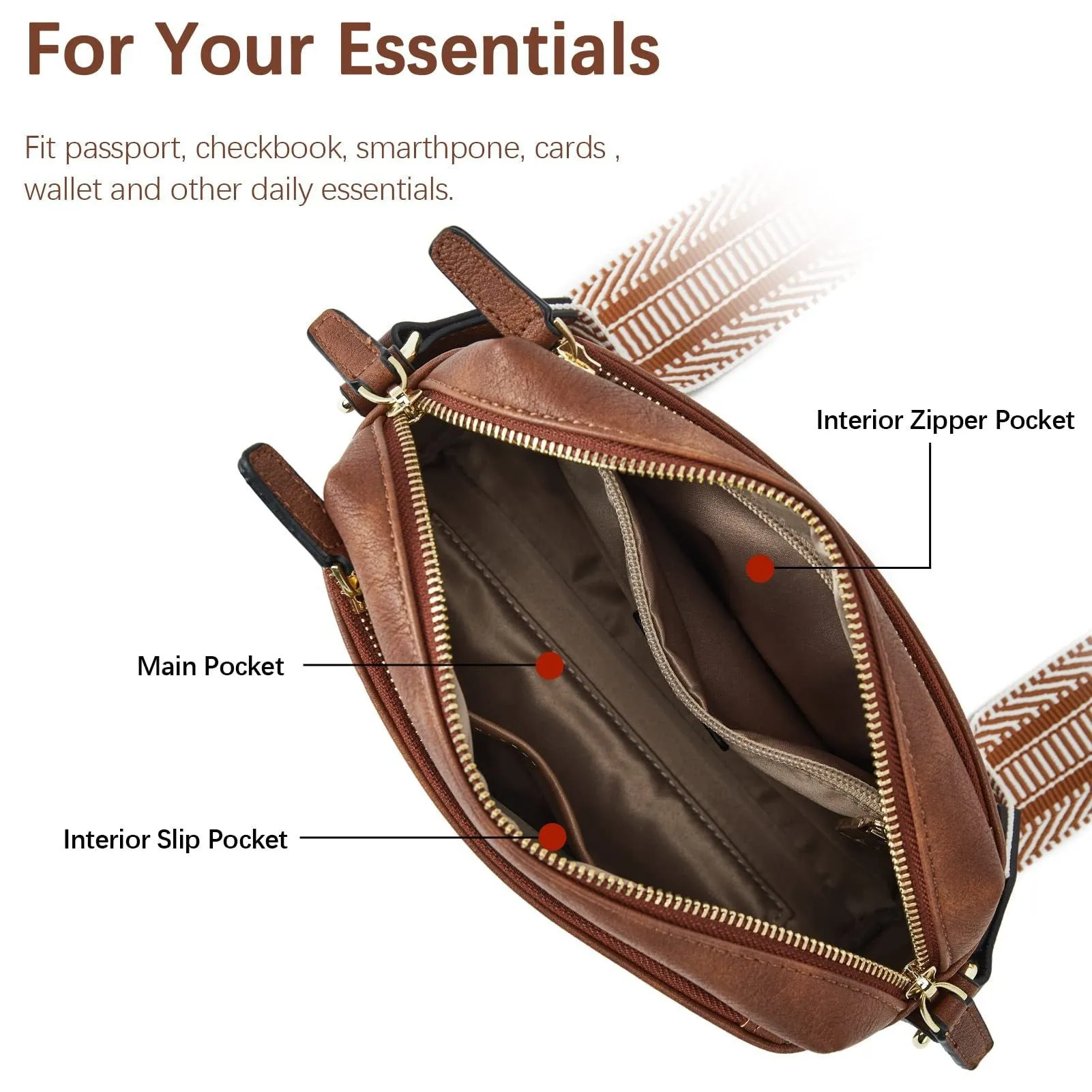 Women's Size Triple Zipper Mobile Leather Strap Crossbody Bags