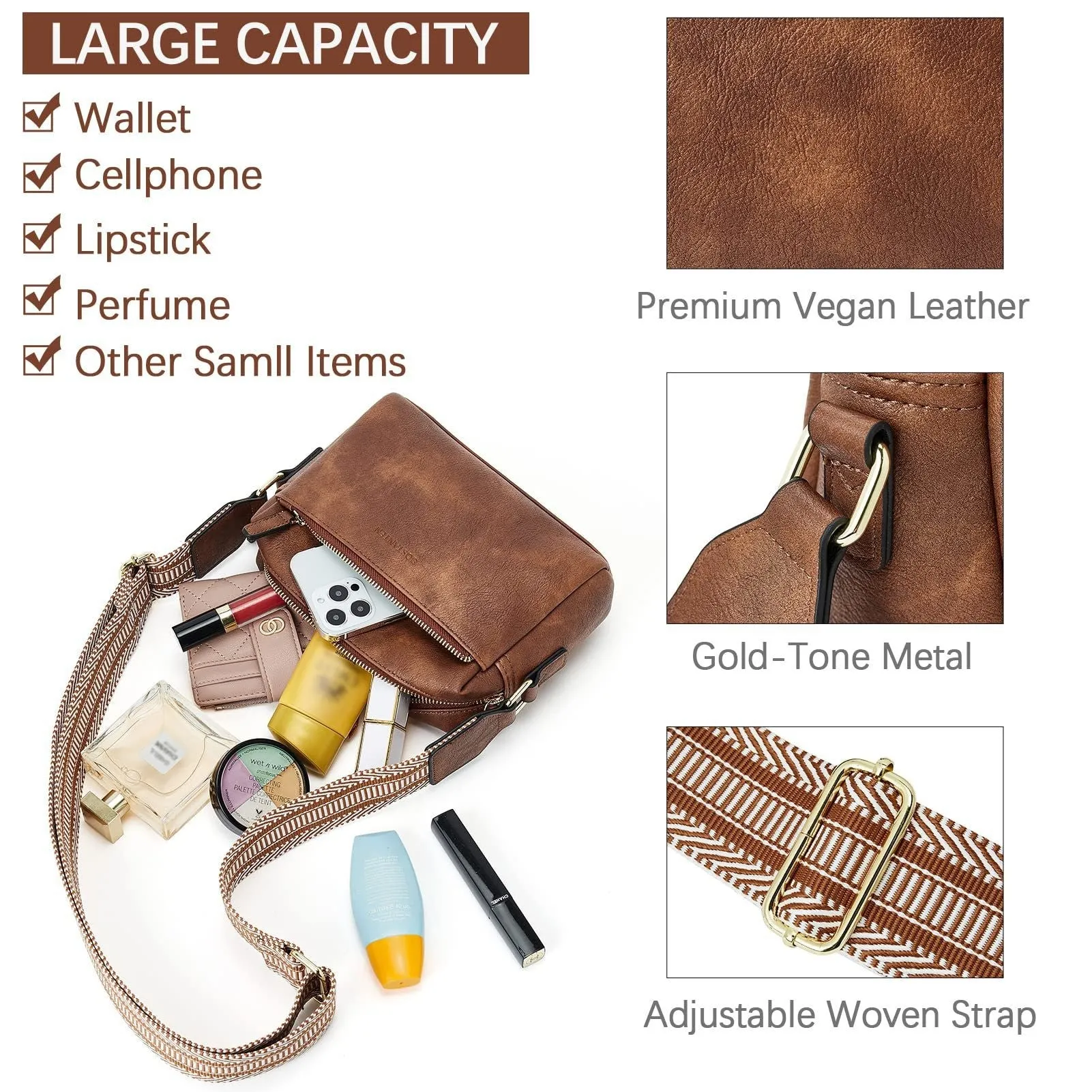 Women's Size Triple Zipper Mobile Leather Strap Crossbody Bags