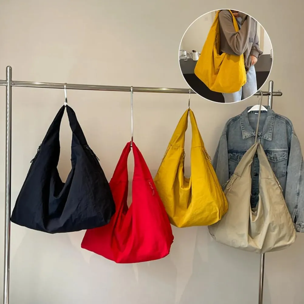 Women's Solid Color Textured Draped Handbag, Lightweight Nylon Bag, Large Capacity Simple Versatile Shoulder Bag