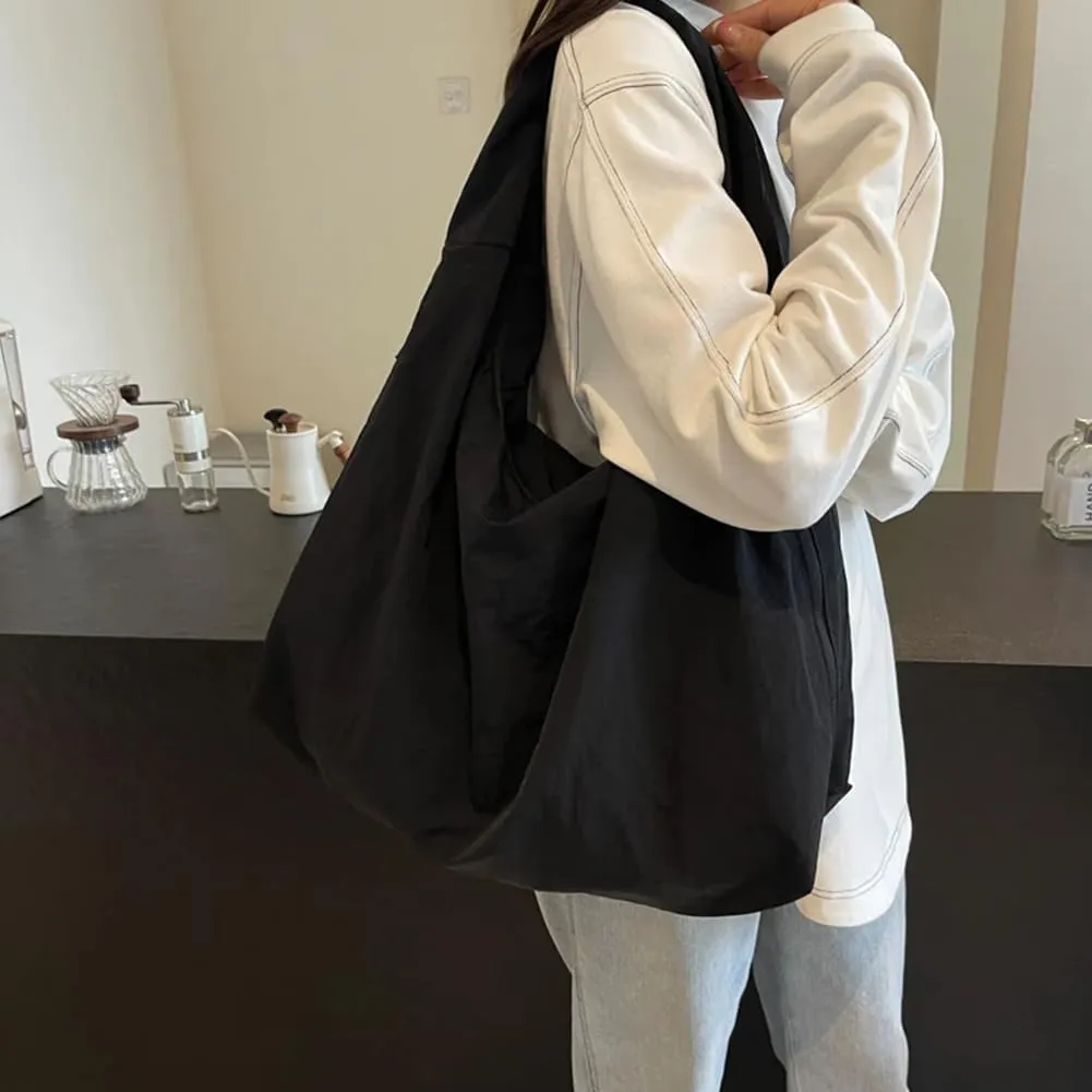 Women's Solid Color Textured Draped Handbag, Lightweight Nylon Bag, Large Capacity Simple Versatile Shoulder Bag
