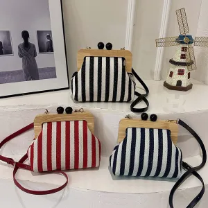 Women's Striped Canvas Wooden Clutch Fashionable Exquisite Crossbody Bags