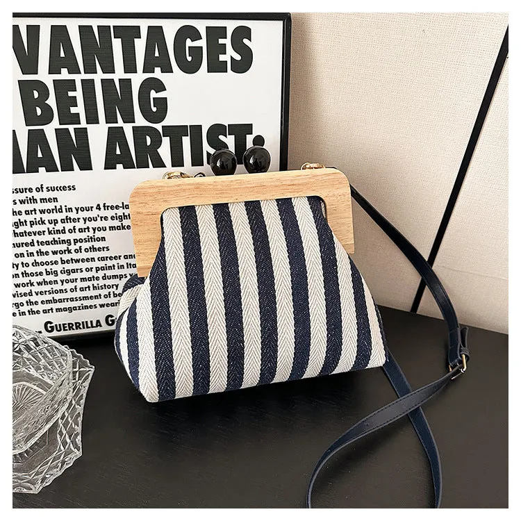 Women's Striped Canvas Wooden Clutch Fashionable Exquisite Crossbody Bags