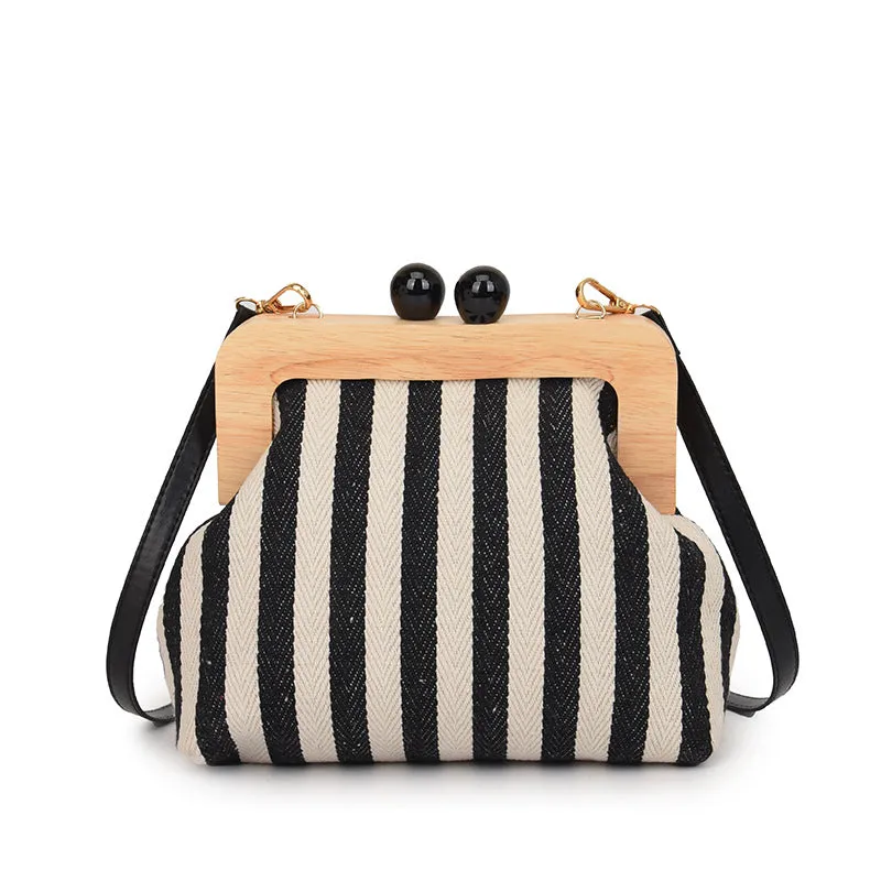 Women's Striped Canvas Wooden Clutch Fashionable Exquisite Crossbody Bags
