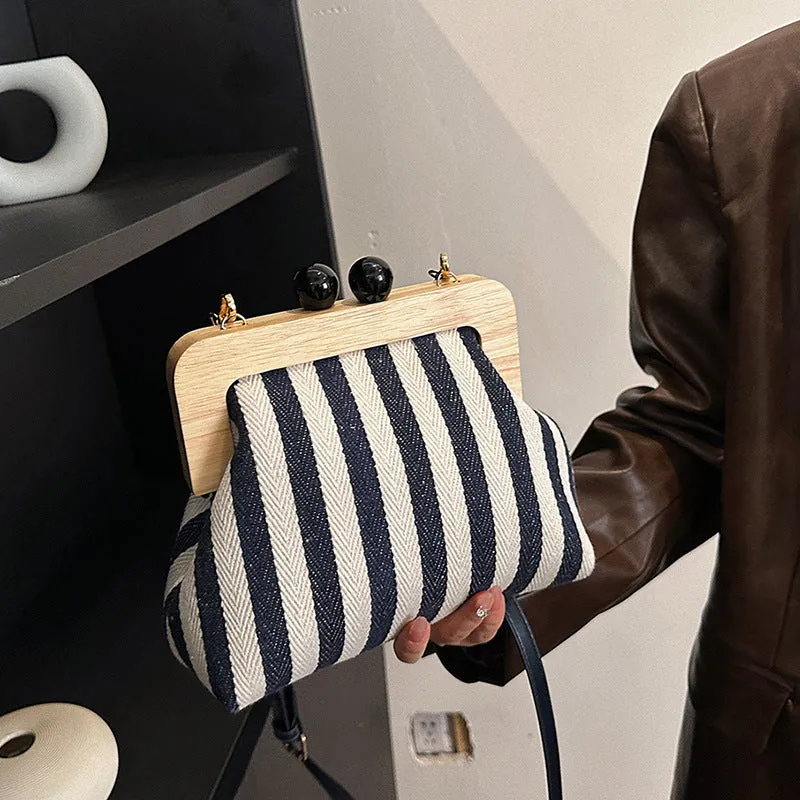 Women's Striped Canvas Wooden Clutch Fashionable Exquisite Crossbody Bags