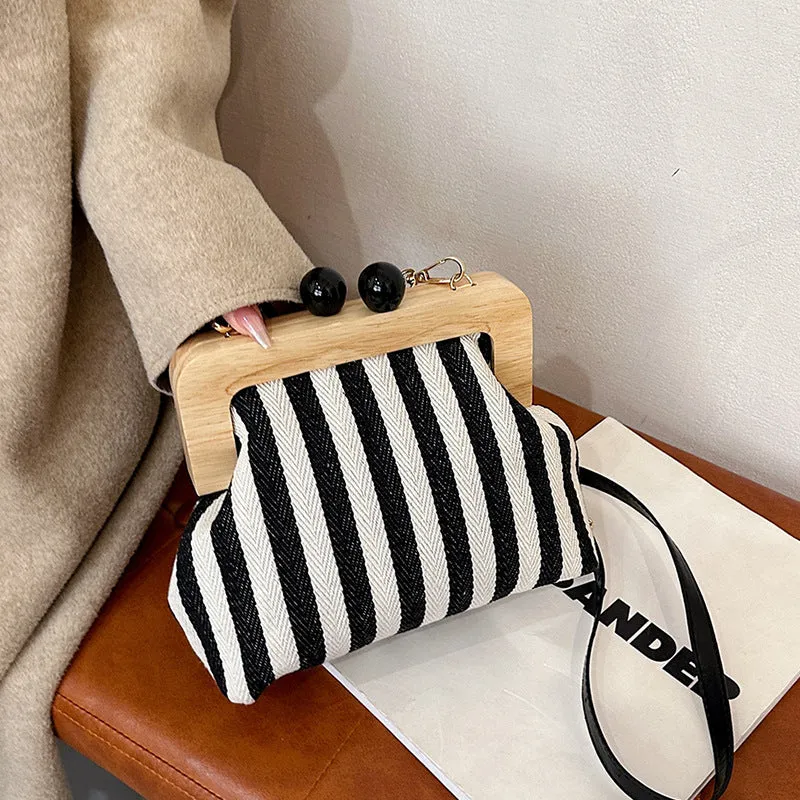 Women's Striped Canvas Wooden Clutch Fashionable Exquisite Crossbody Bags