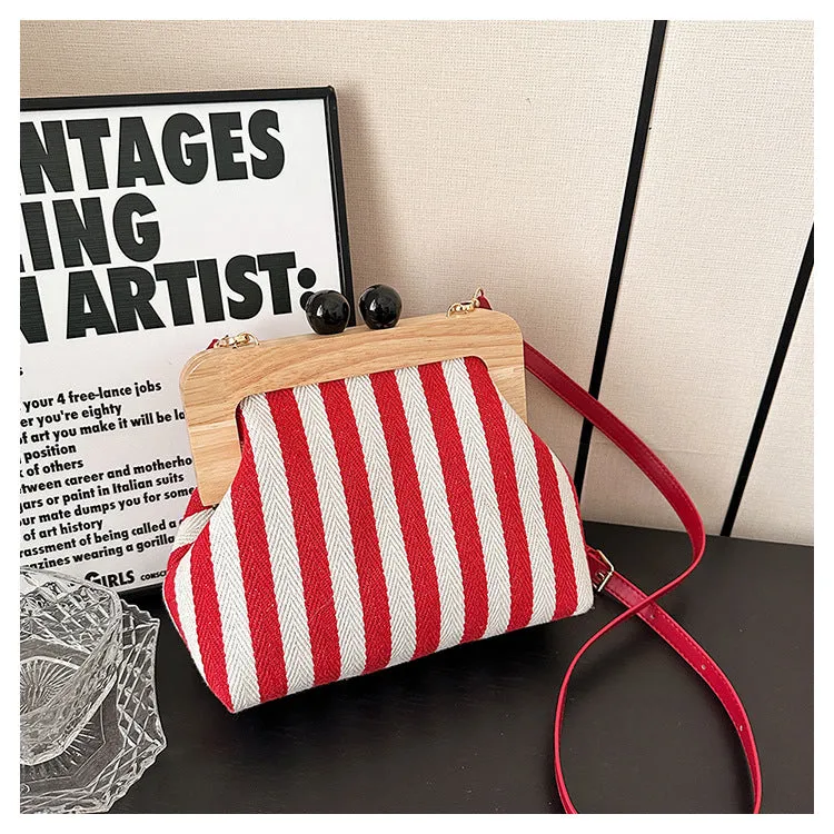 Women's Striped Canvas Wooden Clutch Fashionable Exquisite Crossbody Bags