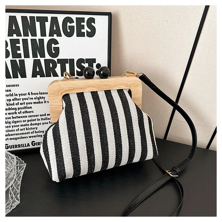 Women's Striped Canvas Wooden Clutch Fashionable Exquisite Crossbody Bags