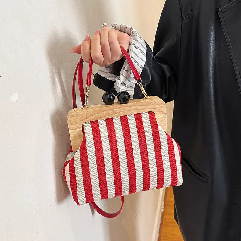 Women's Striped Canvas Wooden Clutch Fashionable Exquisite Crossbody Bags