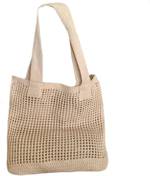 Women's Summer Knitted Shoulder Bag Hollow Out Tote Handbag, Breathable Mesh Beach Bag with Simple Woven Design (Apricot)