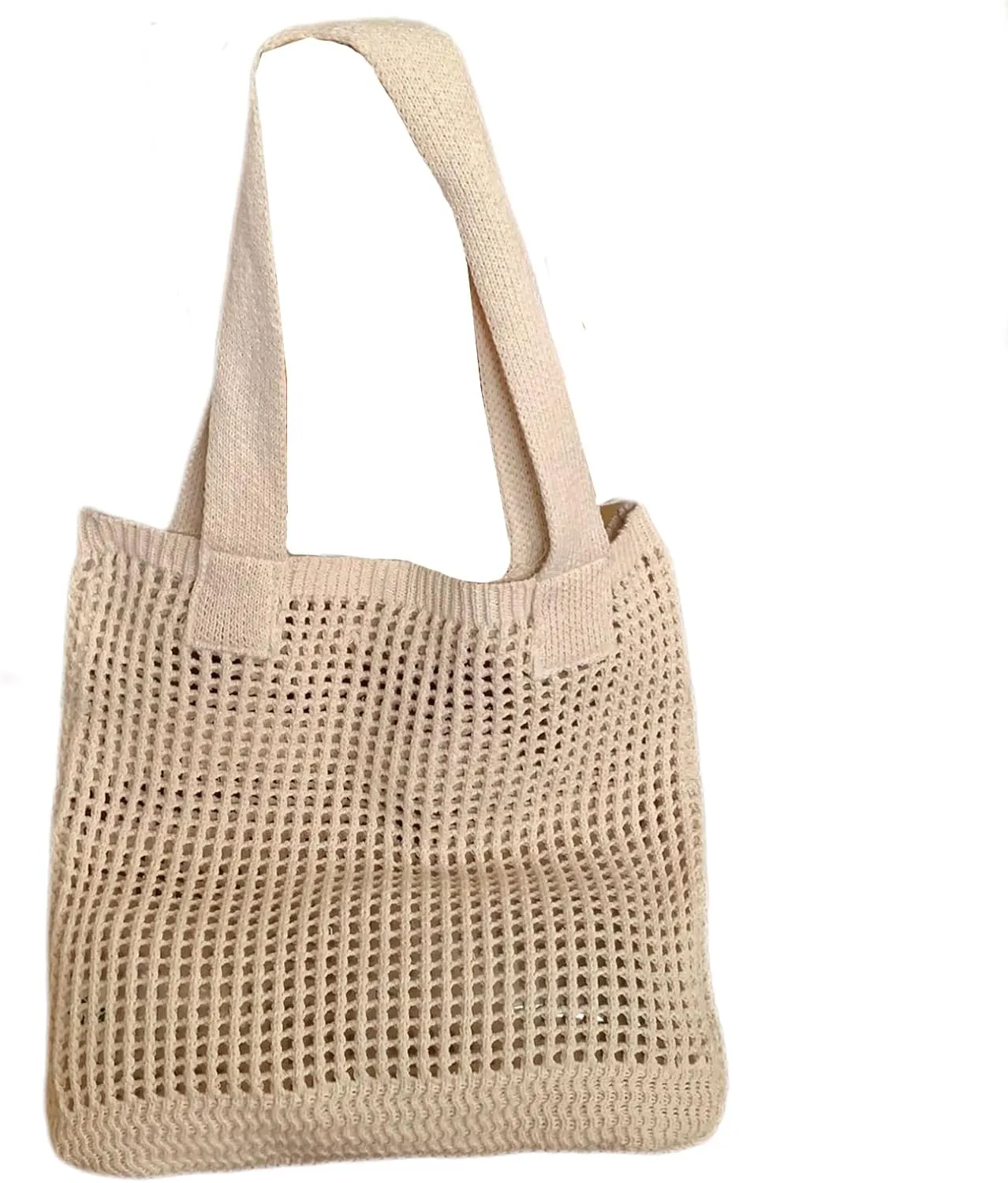 Women's Summer Knitted Shoulder Bag Hollow Out Tote Handbag, Breathable Mesh Beach Bag with Simple Woven Design (Apricot)
