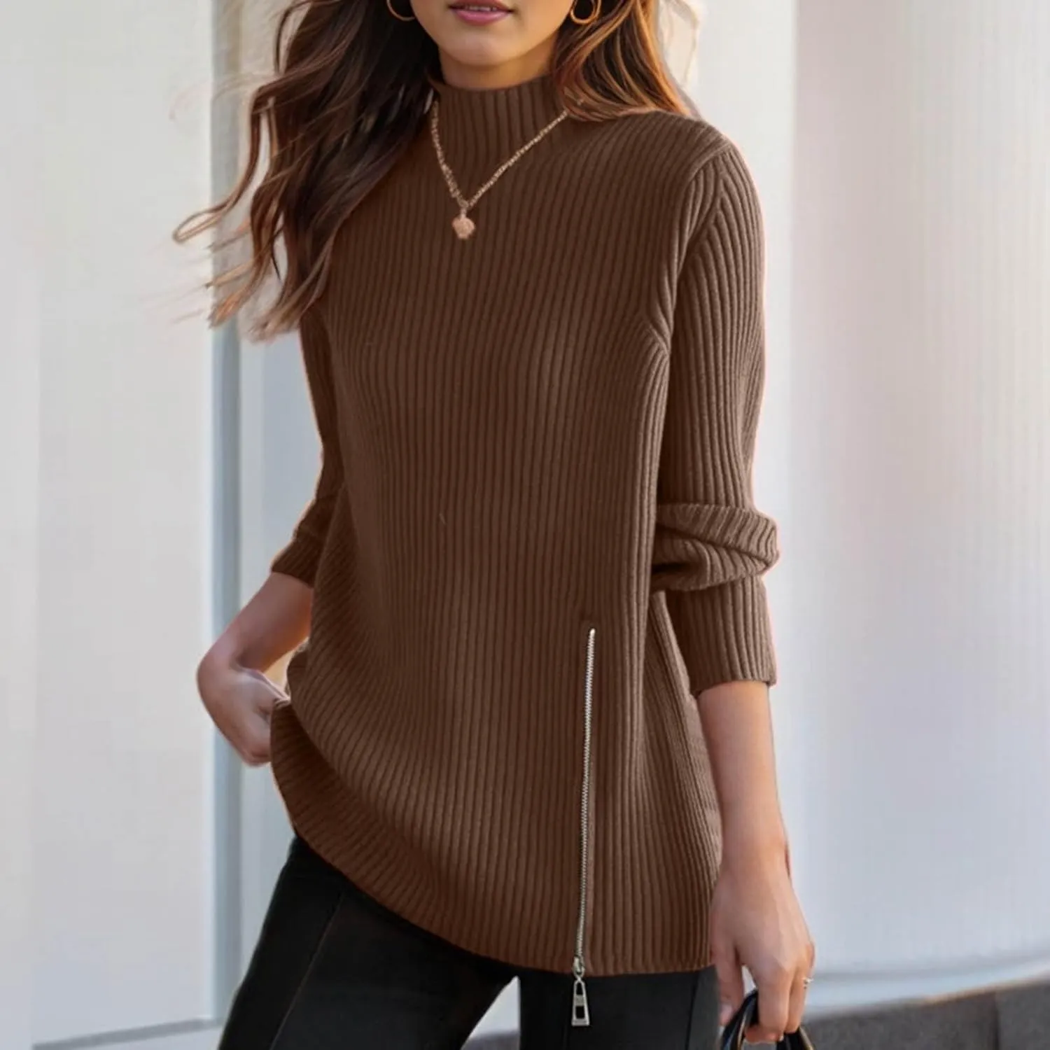 Women's Sweater 2024 Fashion Vertical Striped Solid Color Skinny Outwear Slit Zip Hem Long Sleeve Winter Trendy Shirt
