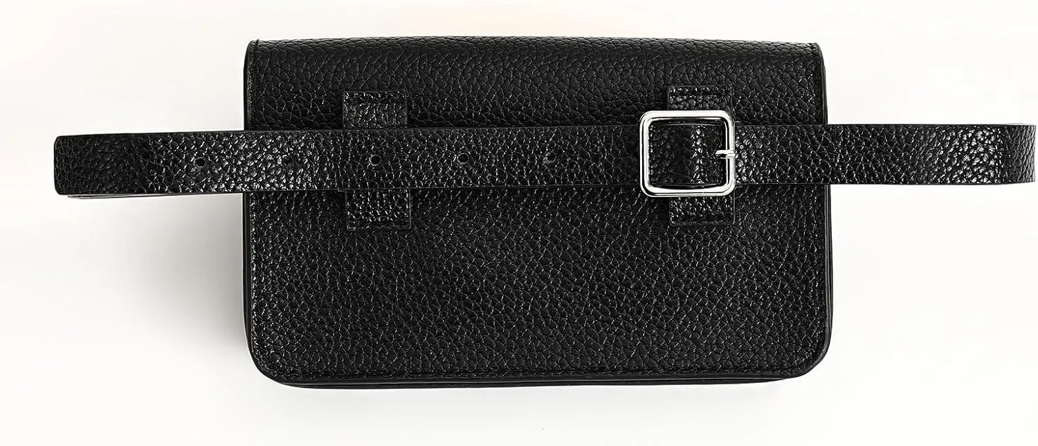 Women's Trendy Fanny Packs Black Leather CrossBody Bag Fashion Waist Pack Functional Belt Bag Adjustable Leather Strap