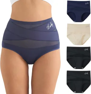 Women's Underwear Tummy Control High Waisted Stretch Full Coverage Breathable Briefs 4 Packs Postpartum Panties