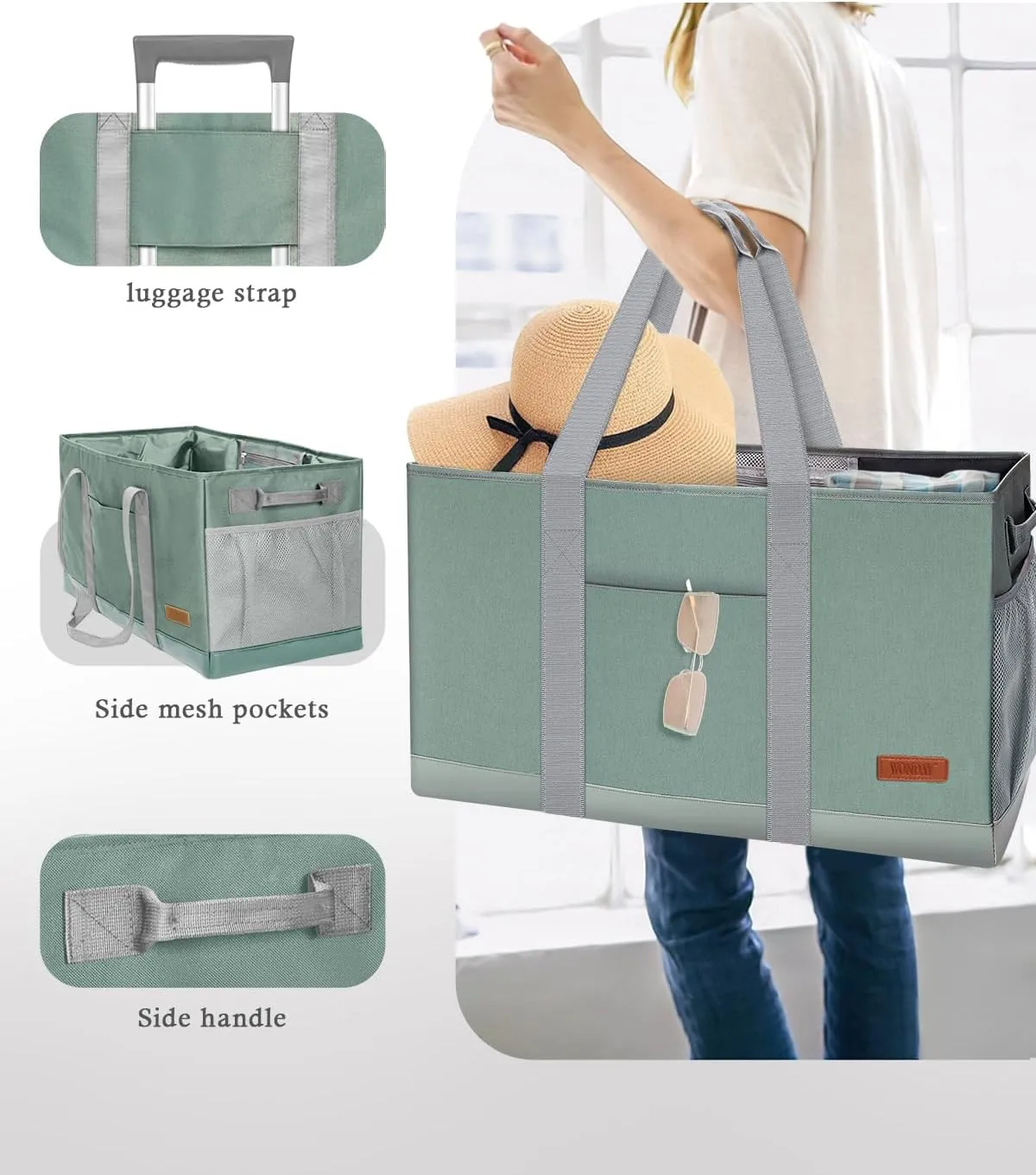 WONDAY Standing Extra Large Reusable Grocery Bag Carrier with Handle, Thirty One Utility Tote Foldable for Shopping and Beach