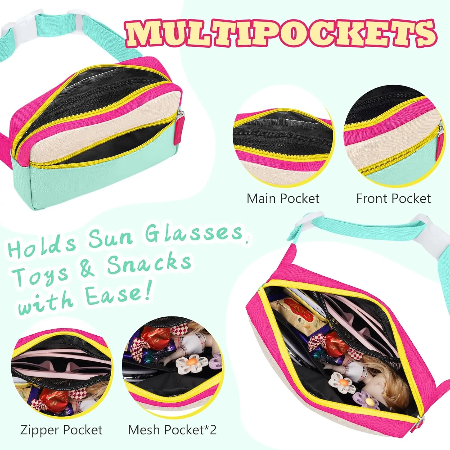WOOMADA Fanny Pack for Kids, Crossbody Bag Waist Bag with Adjustable Waistband, Cute Belt Bag for Gifts(Hot Pink&Turquoise)