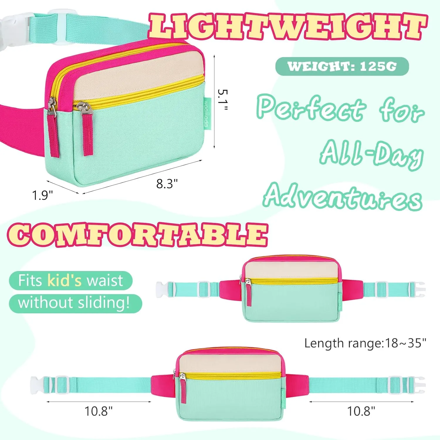 WOOMADA Fanny Pack for Kids, Crossbody Bag Waist Bag with Adjustable Waistband, Cute Belt Bag for Gifts(Hot Pink&Turquoise)