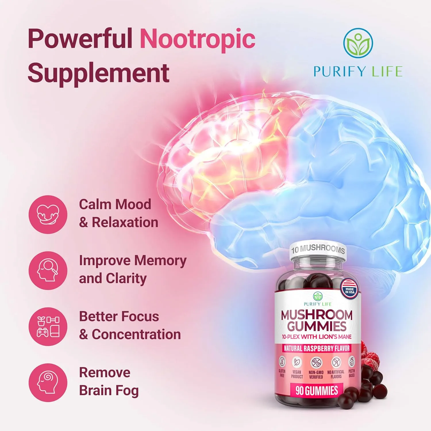 World's First Mushroom Complex Gummies - 10x Mushroom Supplement w Lions Mane (90 Chews 2500mg/serving) Nootropic Brain Supplement, Immune Support & Stress Relief - Replace Pills & Capsules