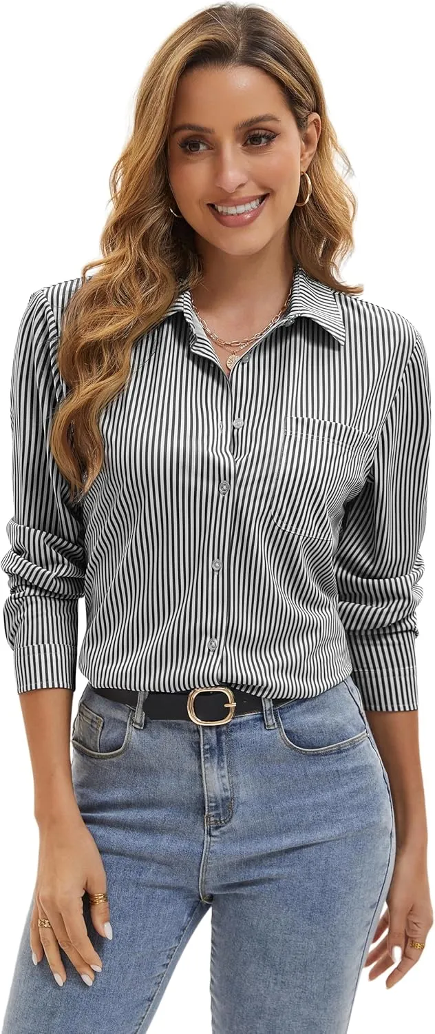 Wrinkle Free Striped Button Down Shirts Women Collared Long Sleeve Blouses Business Work Tops with Pocket