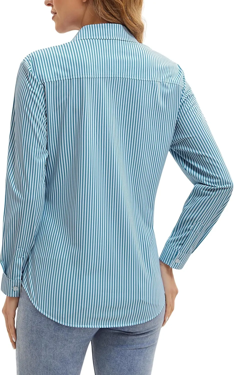 Wrinkle Free Striped Button Down Shirts Women Collared Long Sleeve Blouses Business Work Tops with Pocket