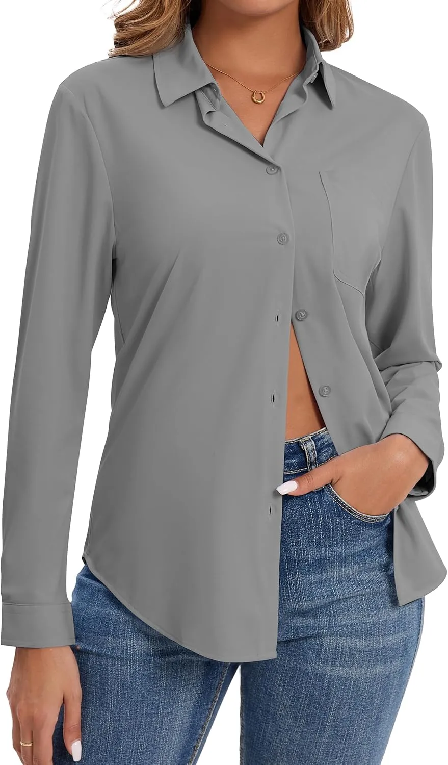 Wrinkle Free Striped Button Down Shirts Women Collared Long Sleeve Blouses Business Work Tops with Pocket