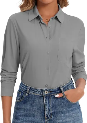 Wrinkle Free Striped Button Down Shirts Women Collared Long Sleeve Blouses Business Work Tops with Pocket