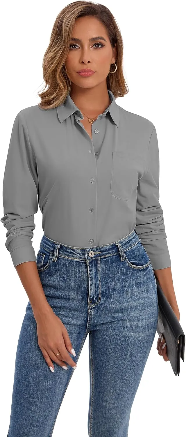 Wrinkle Free Striped Button Down Shirts Women Collared Long Sleeve Blouses Business Work Tops with Pocket