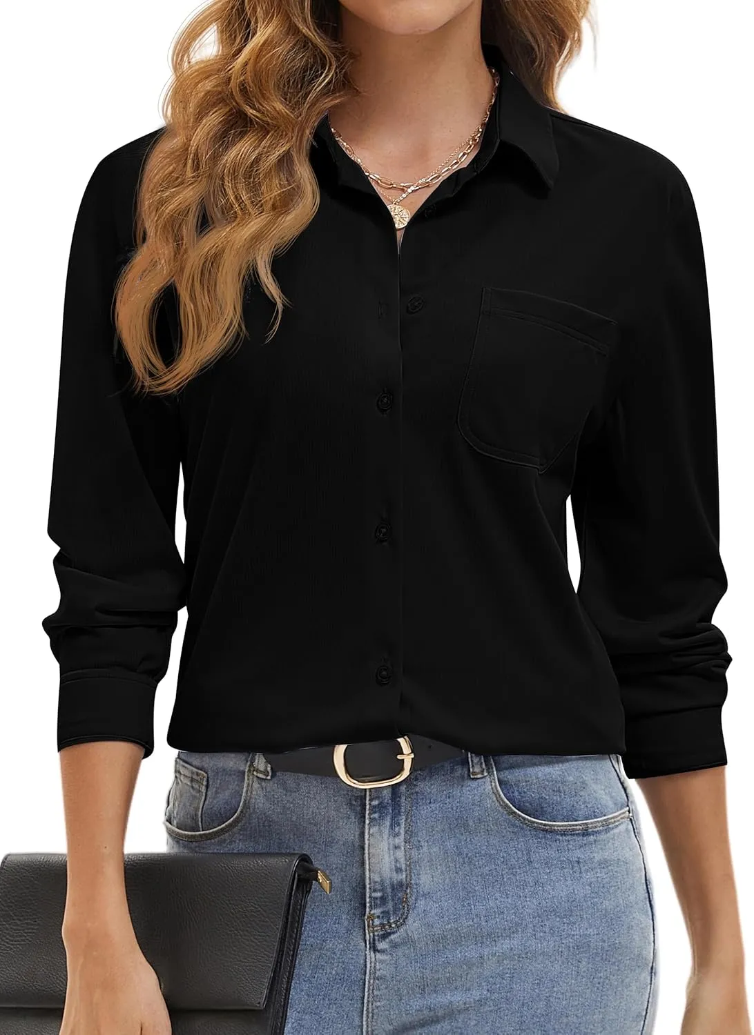 Wrinkle Free Striped Button Down Shirts Women Collared Long Sleeve Blouses Business Work Tops with Pocket
