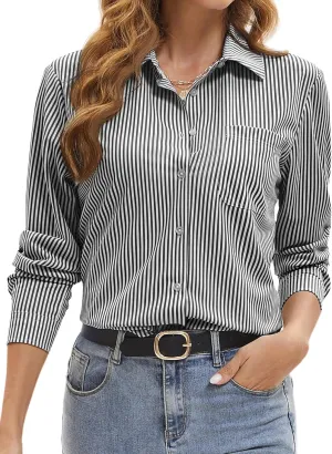 Wrinkle Free Striped Button Down Shirts Women Collared Long Sleeve Blouses Business Work Tops with Pocket