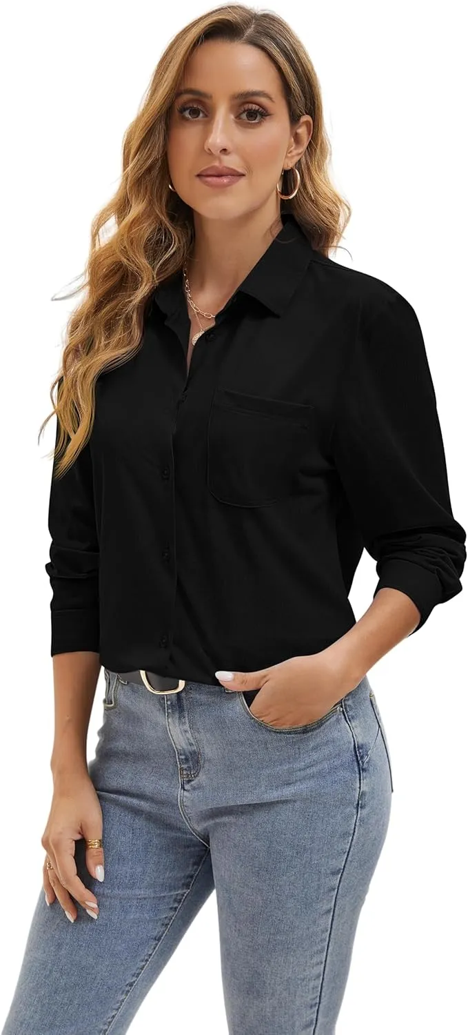 Wrinkle Free Striped Button Down Shirts Women Collared Long Sleeve Blouses Business Work Tops with Pocket