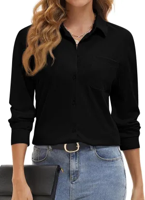 Wrinkle Free Striped Button Down Shirts Women Collared Long Sleeve Blouses Business Work Tops with Pocket