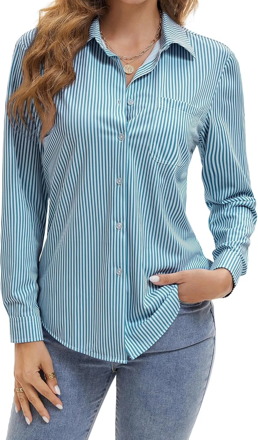 Wrinkle Free Striped Button Down Shirts Women Collared Long Sleeve Blouses Business Work Tops with Pocket